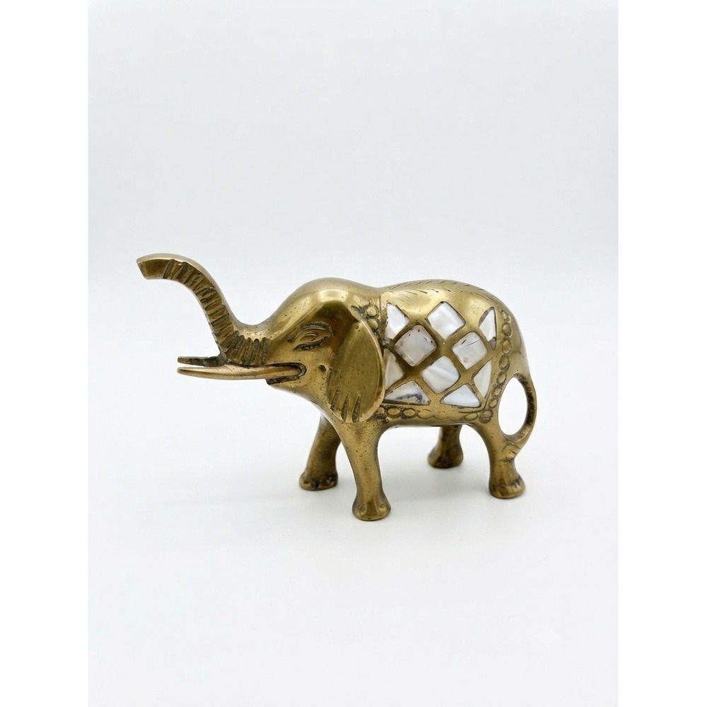 Brass Elephant Figurine Inlaid Mother of Pearl Blankets Metal Vintage Statue